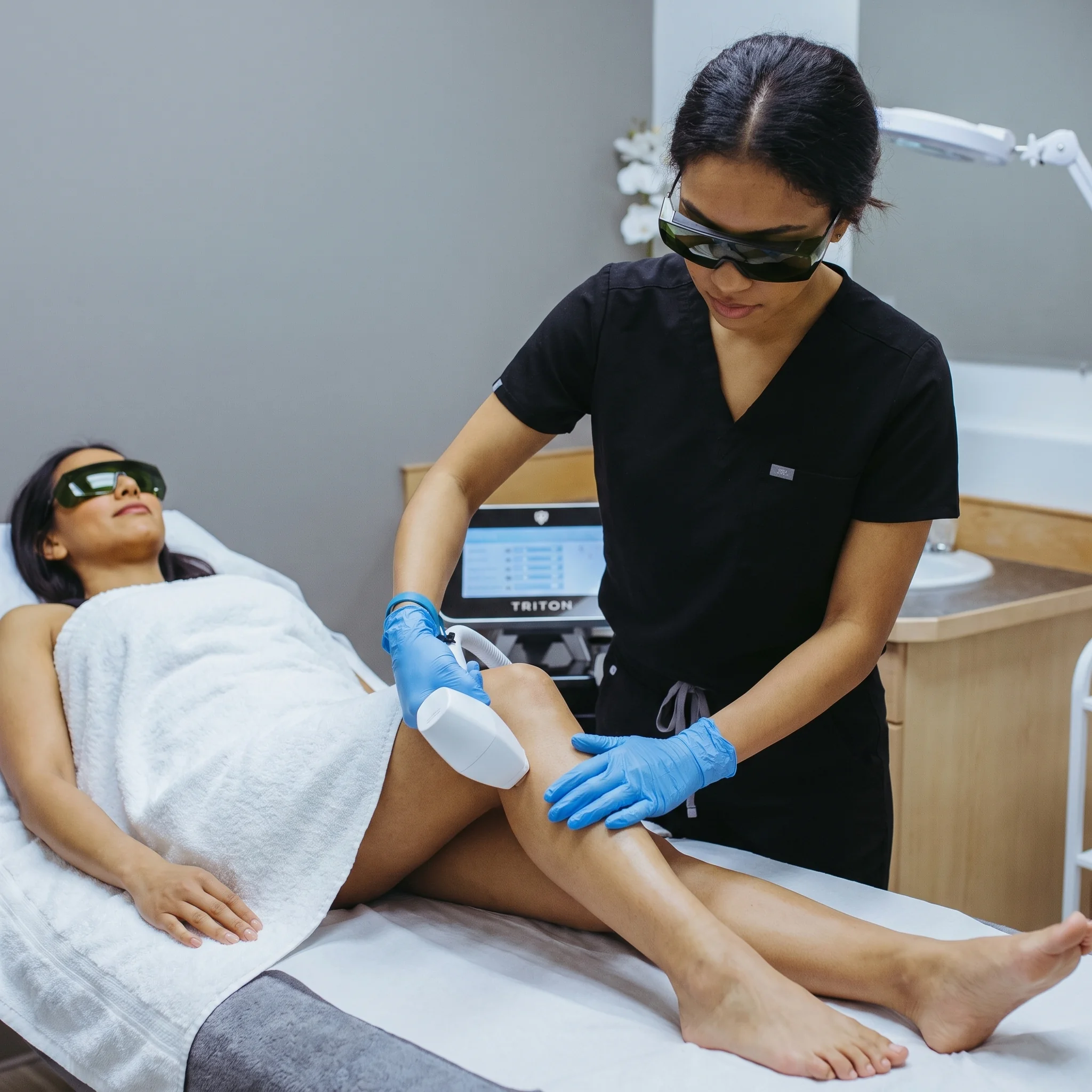 Woman receiving Diolaze laser hair removal treatment